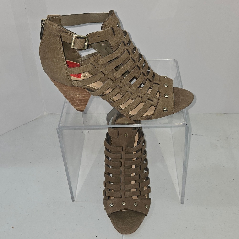 Vince Camuto Womens 8.5 Taupe Leather Studded Cage Gladiator Sandal Heel AC882